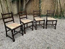Vintage Carved Oak Ladder Back Fabric Drop Seat 4 x Dining Chairs 