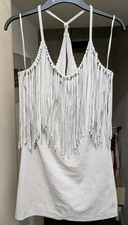 Zara Trafaluc Silver Grey Stone Fringe Tassel Faux Suede Mini Dress Western S 8