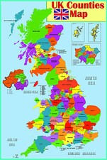 A2 Size UK Counties Map Educational Poster Great Britain England Wales Ireland