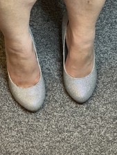 Court Shoes Wide Fit Silver Sparkly High Heel Slip On UK Size 5 EU 38
