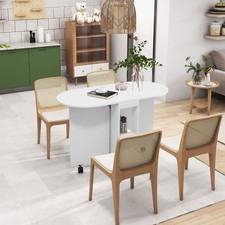 Folding Dining Table, Drop Leaf Table with 2-tier Shelves & 6 Wheels White