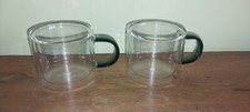 Glass Doubled Walled Coffee Tea Mug Hest Resistant 200ml Green Handles Pair