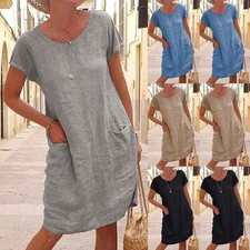 Womens Cotton Linen Mini Dress