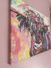 Highland Cow Wall Art Pink Blue Purple Canvas 30 X 22 Inches & Free CushionCover
