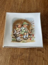 Vintage 1960s Hummel Style Square Porcelain Hanging Plate Children's Picnic