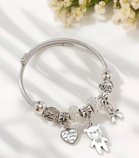 925 Sterling Silver Charm Bracelet Women Bear Heart Bow Bangle Jewellery Gift UK