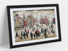 LS LOWRY, PEOPLE STANDING ABOUT -FRAMED POSTER WALL ART PRINT ARTWORK- BEIGE