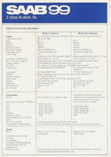 Saab 99 GL Saloon Specifications c1980 UK Market Foldout Brochure 2-dr 4-dr