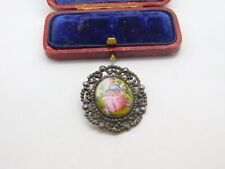 Georgian Iron Pyrite & Painted Porcelain Panel Brooch AF Antique c1820