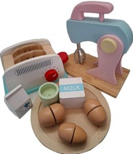 Play Wooden Kitchen Food Mixer Toaster Eggs Milk Accessories Bundle Playfood