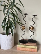 90s Dutch Black Wrought Iron Candle Stick Holders In VGC Set Of 2