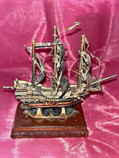 Vintage Metal Model Ship Galleon Wooden Stand Collectable