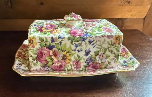 Vtg chintz butter dish royal - chintz,
