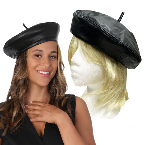 Black leather look beret - black,
