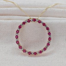 9ct Gold Ruby Diamond Necklace Circle Red Hallmarked