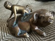 Chinese Qianlong Marked Brass / Bronze Figure - Monkey On Pig