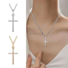 Unisex Cross Pendant Simulated Cubic Zirconia 925 Sterling Silver Chain Necklace