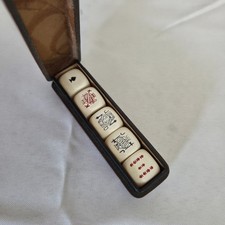 5 Piece Set Of Vintage Poker Dice In Burgundy Italian Leather Gold Embossed Case