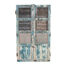 Antique Indian Painted Teak Jali Door Pair – 19thC Rajasthan Garden Gate 100x70c