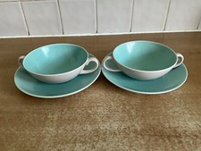 Poole Twintone - Ice Green & Mushroom C96 - 2 x Soup Coupes & Stands