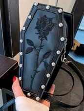 Coffin Shaped Black Handbag Embellished Stitch Rose Design Alternative Goth Rock