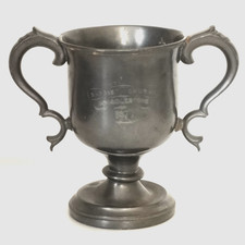 ANTIQUE 1879 PEWTER CHURCH CHALICE TANKARD TROPHY 2 HANDLES JAMES DIXON & SON LG