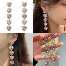 CLIP ON 8cm long BIG HEART CZ crystal EARRINGS cubic zirconia PURPLE AB gold plt