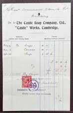 1915 The Castle Soap Company, "Castle" Works, Cambridge Invoice Candles & Soap