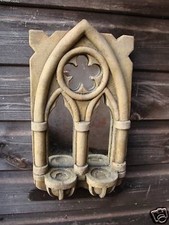 Gothic arch mirror double candle sconce stone home or garden ornament 36cm/14" H