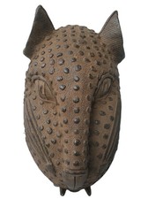Superb Rare and Old Benin Bronze Leopard head Container. Fine example. Nigeria.