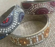 DIAMOND BANGLE WIDE CRYSTAL BRACELET GOLD/RED/MULTI KARA PATLA WOMENS STATEMENT