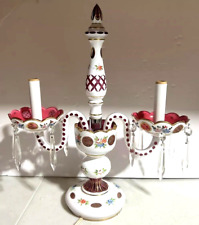 Antique Bohemian White Cut to Cranberry Candelabra Lamp prisms Electric