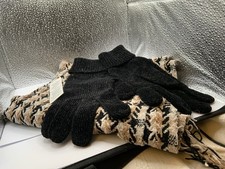 Black Brown & Beige Mix Chenille Scalf & Black Chenille Gloves Set New With Tag 