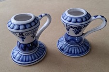 Pair Of Vintage Blue/White Delft Elesva Holland Ceramic Candlestick Holders