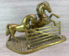 Solid Vintage Brass Horses jumping fence on Stand heavy display center piece VGC