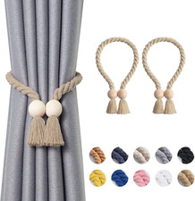 2 Pack Wooden Ball Magnetic Curtain Tiebacks Boho Home Decor Drape Tie Backs Nat