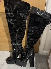 Patent black leather over the knee thigh high lace up chunky heeled boots 4 37