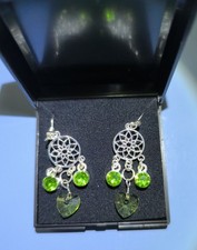 Dream Catchers. Green Crystal Heart. 925 Plated Dangle Earrings. Boxed Gift Idea