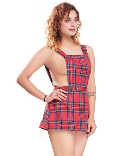 Ladies pinny dress - red, tartan