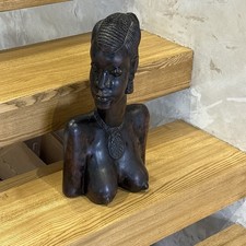 Vintage handcrafted African wooden bust sculpture of a female figure