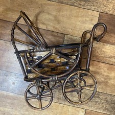 Vintage Wicker Rattan Pram Shaped Basket Plant Holder Stand Rustic Country