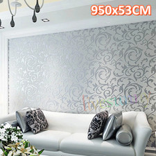 Glitter Textured Wallpaper Silver Grey Metallic Floral Damask Embossed’Vinyl 10M