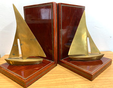 Vintage MCM Solid Brass Sailboat Nautical Bookends on Mahogany Made in KOREA