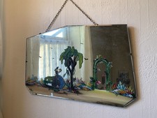Vintage Hand Painted Crinoline Lady In Garden Wall Mirror 1930s Bevelled 54 X 32