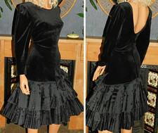 Vintage 80s Black Velvet RARA Drop Waist BOW Scoop back Dress  Bernshaw S 10