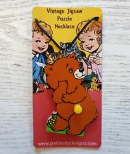 Vintage Repurposed Wooden Bear Jigsaw Kids Puzzle Necklace Stocking Filler Gift 