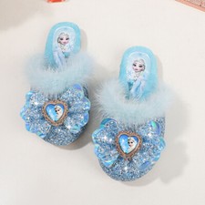 Kids Girls Faux Fur Sequin Dress Shoes Bow Elsa Princess Home Flats Slippers