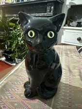 Vintage Retro Black Cat Ceramic Pottery Green Eyes Figurine