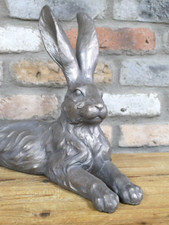 Large Silver Laying Hare Rabbit Garden Ornament Figurine Decor Statue Sculpture