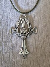 Large skull crucifix tibetan silver necklace on green neck cord, Halloween, Goth